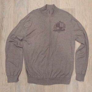 Banana Republic Crest Logo Graphic Zip Up Mock Neck Sweater Grey Brown